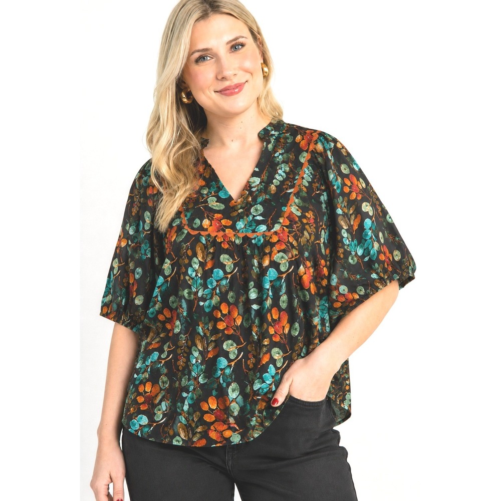 Entro Botanical Leaf Print Raglan Sleeve Scallop Trim Cotton Blouse Large T27474